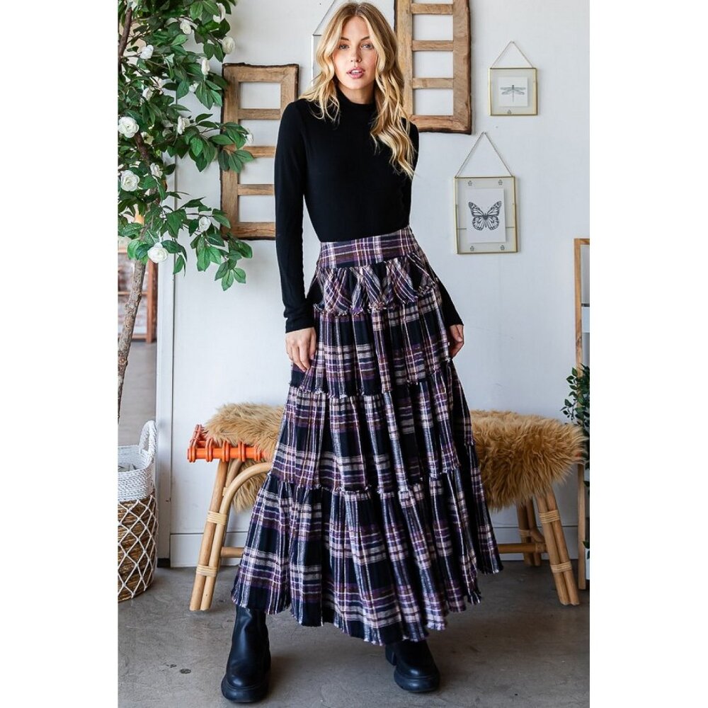 Oli & Hali Black and Pink Plaid Maxi Skirt